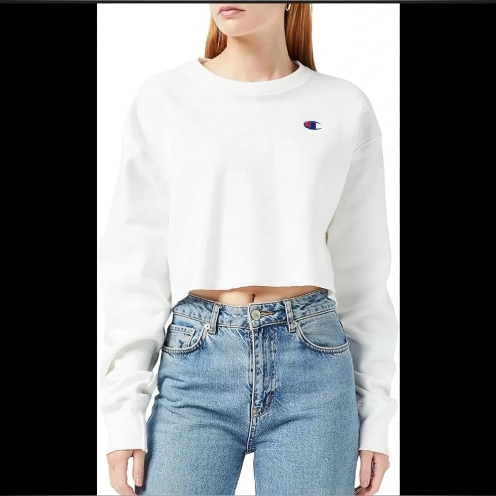 New Champion women's logo cropped long sleeves sweatshirt blue S/M 84% cotton - Picture 2 of 6